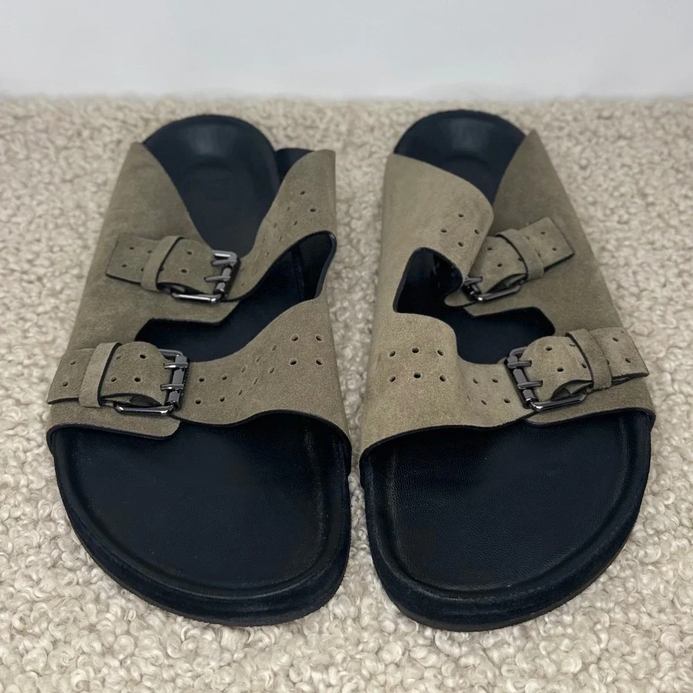 New The Kooples Olive Suede Double Buckle Slides Sandal Khaki Green EU 43 Men 10